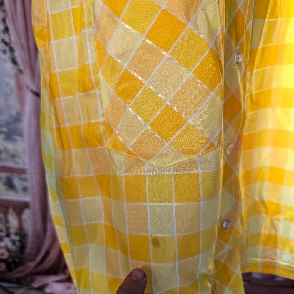 Vintage 1970s Dress Minidress Yellow Plaid Short Sleeve Buttons Pointed Collar - Picture 11 of 16